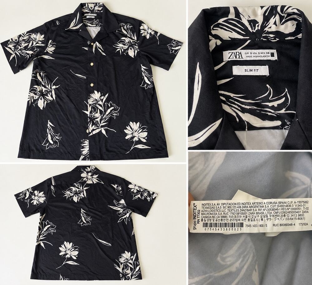 Zara Men’s Black White Floral Hawaiian Shirt Slim Fit Short Sleeve Size S